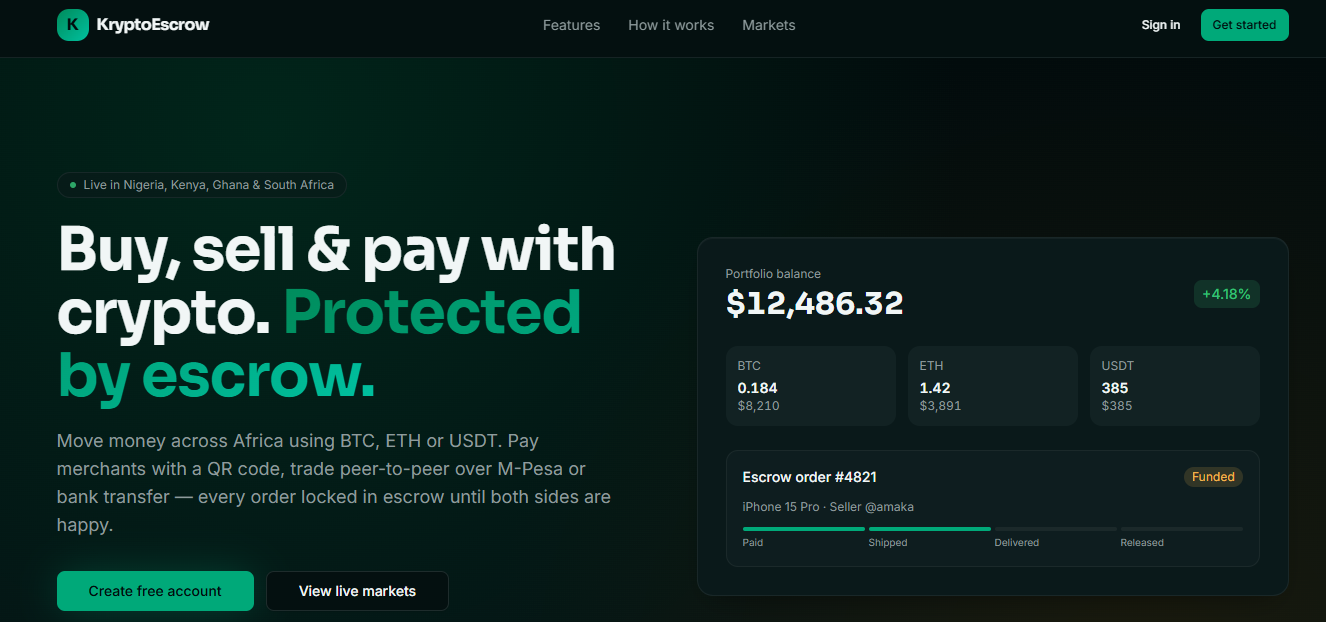KryptoEscrow — Buy, sell & pay with crypto — protected by escrow.